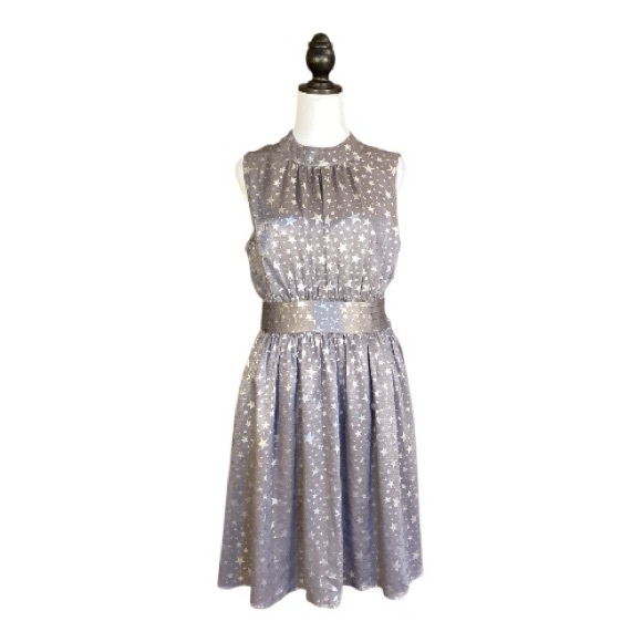 ModCloth Grey Velvet Metallic Silver Stars High Neck A-Line Dress Size M - Picture 2 of 10